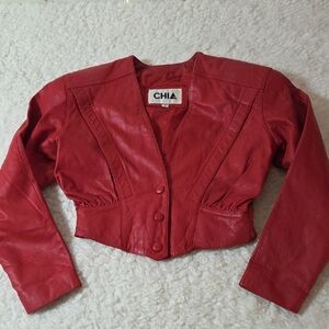 Vintage 80s CHIA Red Leather Cinch  Waist  Cropped Jacket Sz M